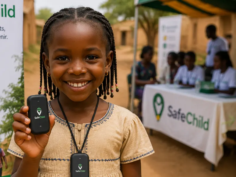 Une jeune fille présente fièrement le dispositif SafeChild lors d'un événement de sensibilisation dans sa communauté