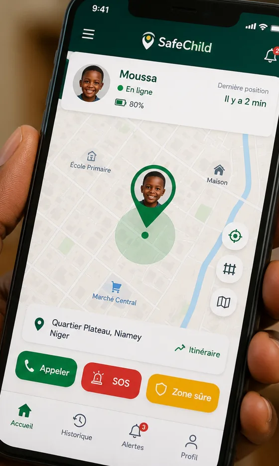 Aperçu de l'application mobile SafeChild affichant la carte de localisation