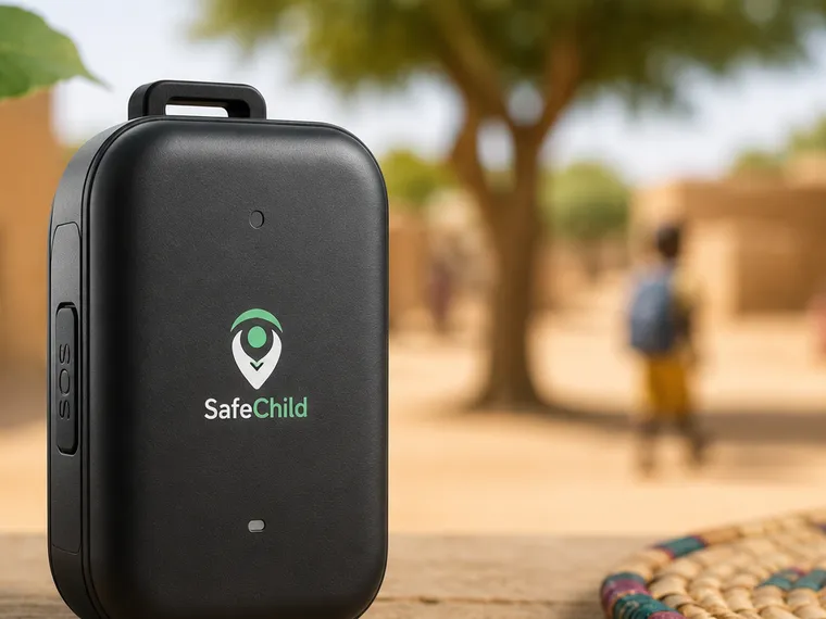 Le boîtier GPS SafeChild, compact et de couleur noire