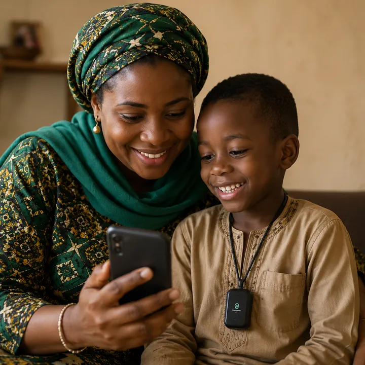 Une mère et son enfant consultent ensemble l'application SafeChild sur un smartphone, l'enfant portant le boîtier GPS