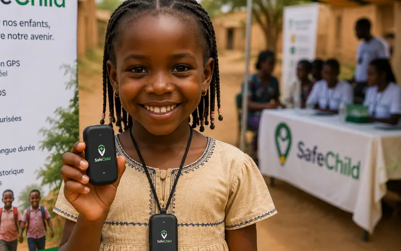 Une jeune fille présente le dispositif SafeChild lors d'un événement communautaire, avec l'équipe en arrière-plan