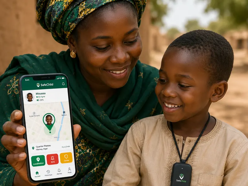 Une mère montre l'application SafeChild à son enfant qui porte le boîtier GPS, dans un village du Sahel